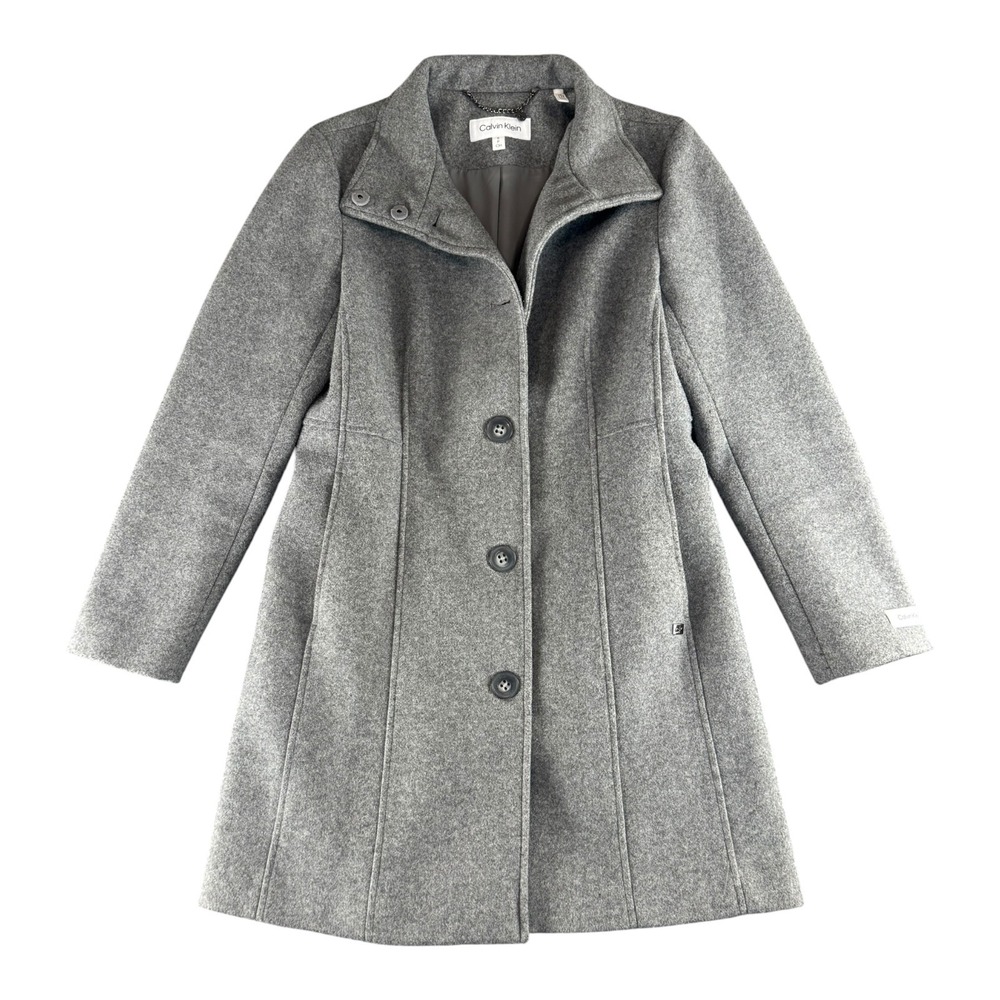 Calvin Klein Womens Heather Gray Funnel Neck Button Front Walker Coat Size Small